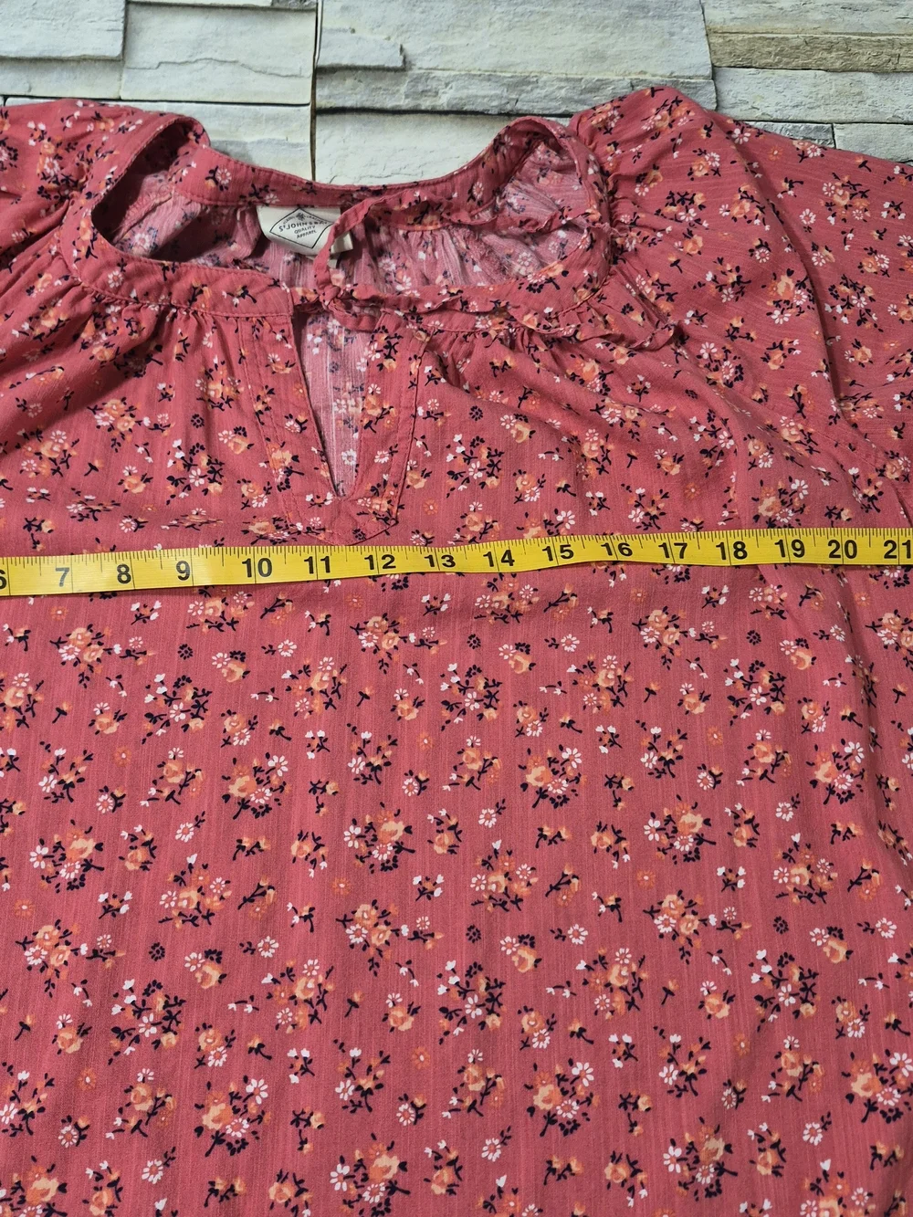 St. John's Bay Peasant Blouse Women's L Pink Floral Boho Cottagecore Puff Sleeve